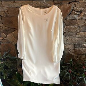 Cream Long Chiffon Sleeve Dress Size 14; New With Tags; Fully Lined; Knee Length